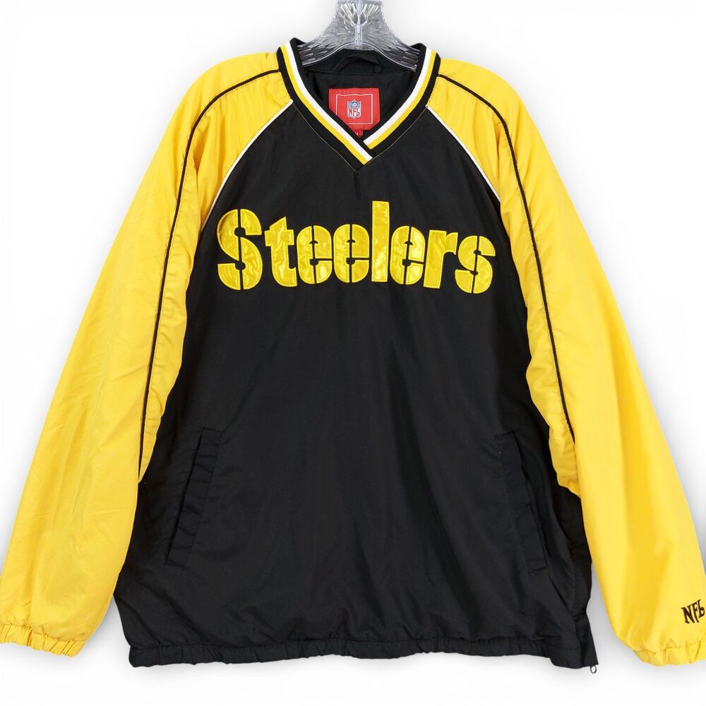 VTG NFL Pittsburgh Steelers Pullover Jacket M Black Yellow V-Neck Windbreaker